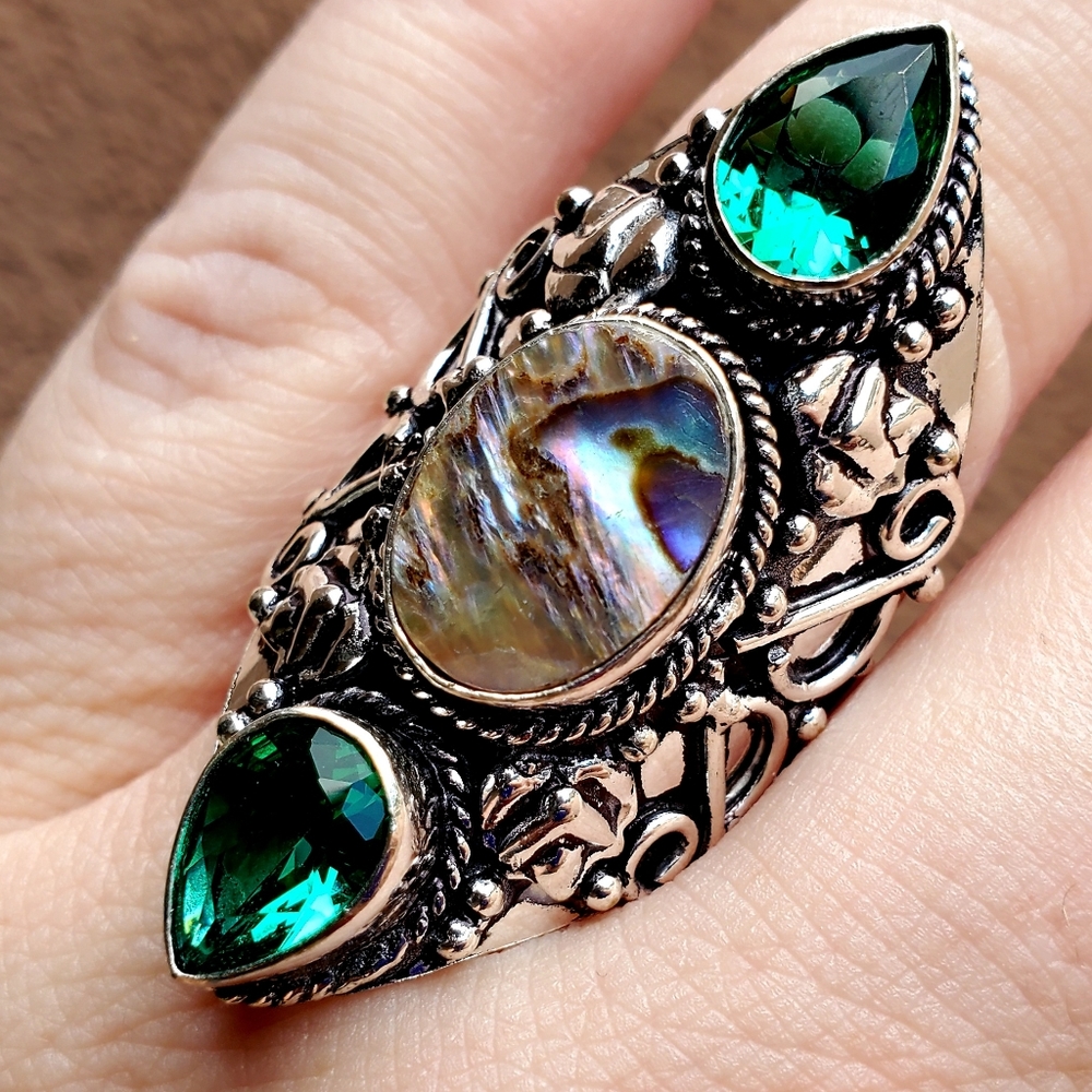 New Abalone Shell & Peridot 925 Silver Statement Ring.